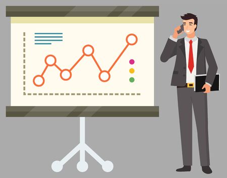 Man talking on phone standing by infocharts board vector, isolated smiling businessman whiteboard. Leader of company with papers document on presentationのイラスト素材