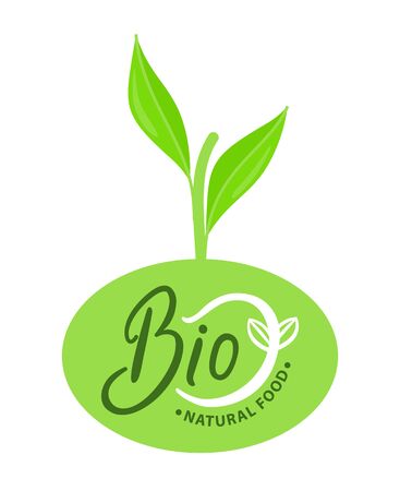 Bio natural food organic logo with green sprout growing on green circle isolated. Vector, natural products simple badge, logotype of ecological fresh foodのイラスト素材