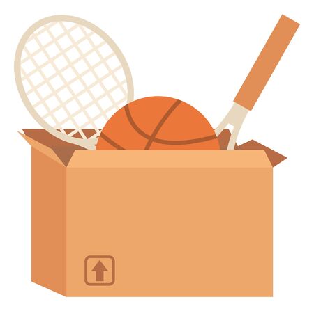 Sport equipment in box, garage sale or declutter vector. Tennis or badminton rackets and basketball, sporting items selling, second hand goods, tradeのイラスト素材