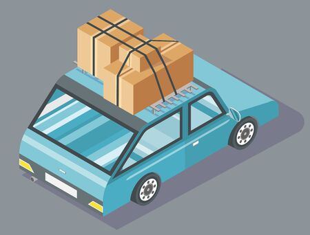 Passenger car with cardboard boxes tied together with black rope on top. Blue vehicle with carton containers. Transportation and moving house vector illustrationのイラスト素材
