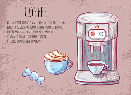 Coffee machine with mug, cup with whipped cream. Automatic equipment for making java, drawing postcard with aroma drink, sketch of shop card vectorのイラスト素材