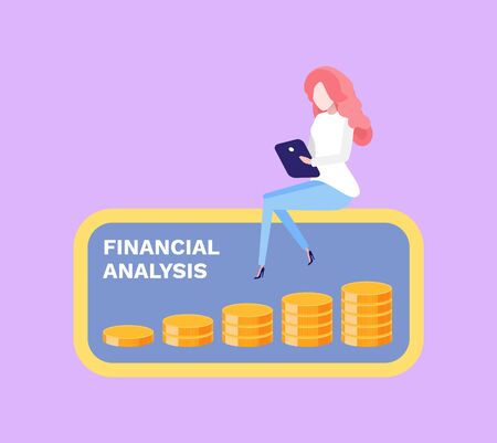 Financial analysis vector, person using gadget and sitting on infographic made of gold coins. Finance and assets of lady, deposit and money savingのイラスト素材