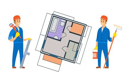 Workers with tools vector, people with paint roller and bucket, male wearing special uniform, plan of building, architecture and engineer working flat styleのイラスト素材