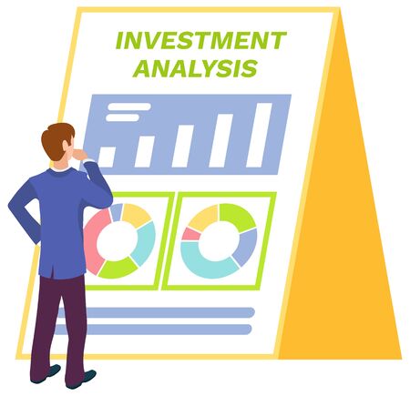 Businessman looking at investment analysis stats vector, isolated character analyzing information on board. Infochart data and diagrams with segmentsのイラスト素材