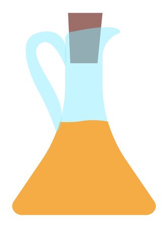 Glass bottle with golden liquid inside. Vessel with viscous substance closed by plug. Vegetable, olive or sunflower, oil produced by plant and used in cooking and food preparation. Vector illustrationのイラスト素材