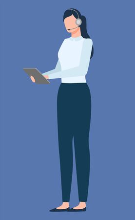 Secretary wearing headphones vector, isolated female character flat style of businesslady in formal suit. Lady holding tablet gadget for communication with clients and business partners at workのイラスト素材