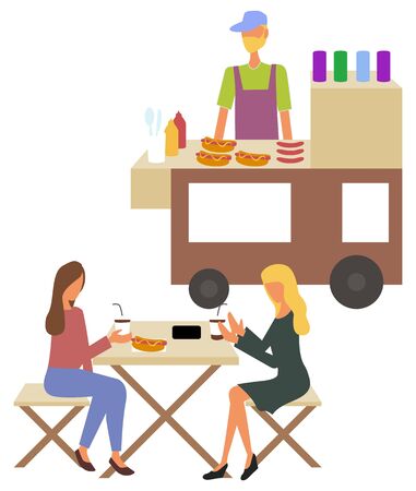 Women sitting at table and eating hotdog and drinking coffee, seller male standing near cart with meal. Marketplace with fastfood and drink, market vectorのイラスト素材