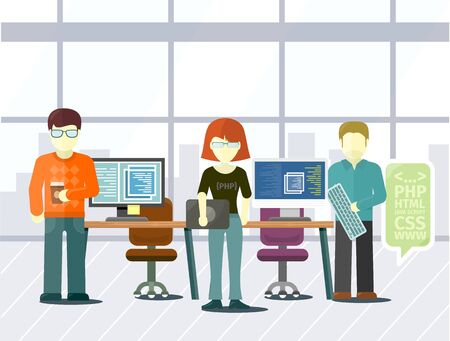 Man and woman developer creating program, people communication with computer. Programmers coding in pc, php and css, www and html icon, office vector