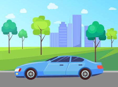 Vehicle and skyscrapers, car on road and cityscape, park meadow vector. City street, transport and urban architecture, trees and grass, highway or route. Automobile in city. Flat cartoonのイラスト素材