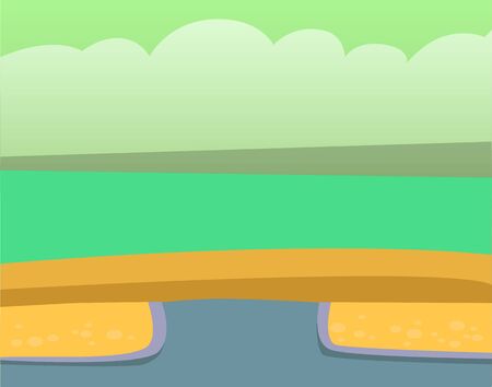 Colorful abstract nature background with sky, clouds, green grass, trees and bushes. View from balcony on landscape with plants, beton crossroad and yellow field flat design vector illustrationのイラスト素材