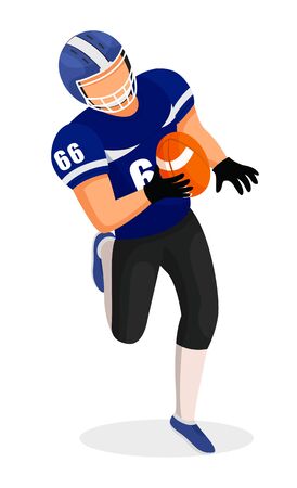 American football professional player holding ball and running. Male character playing aggressive game. Competition or training of sportsman. Isolated personage enjoying hobby, vector in flatのイラスト素材
