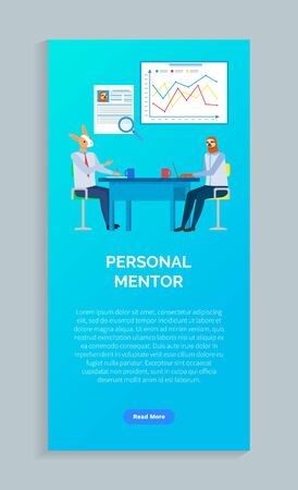 Personal mentor booklet, hipster animals rabbit and sloth working in office, using laptop and writing on desktop, teamwork web researching vector. Website or webpage template, landing page flat styleのイラスト素材