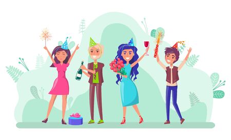 Man and woman with presents and festive mood vector. Happy birthday celebration, woman with bouquet of roses man with confetti wine glass alcoholのイラスト素材