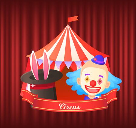 Circus vector, entertainment and fun at weekends. Clown and top hat with bunny ears. Tent with stripe on top, amusement park and relaxation flat styleのイラスト素材