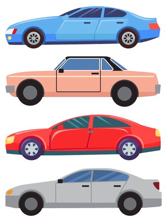 Four cars isolated on white background. Blue and grey sedans. Red small hatchback. Little vehicle pink and old cabriolet. Auto to drive and get your destination quickly. Vector illustration flat styleのイラスト素材