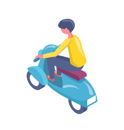 Person sitting on scooter, electric transport, urban equipment, human in casual clothes driving bike, back view of driver character, e-scooter vectorのイラスト素材
