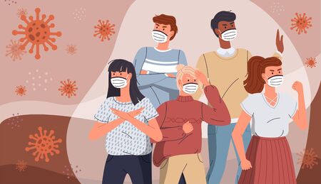 Coronavirus quarantine. Group of people wearing face medical masks to prevent disease protecting from virus, flu, air pollution, contaminated air, world pollution. Crowd of people surrounded covidのイラスト素材