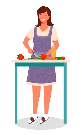 Female character making dish of fresh ingredients, isolated woman cutting veggies in pieces. Person using sharp knife to chop tomato, carrot and bell pepper. Cooking at home, vector in flat styleのイラスト素材