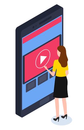 Smart house, smartphone directed by woman character vector. TV remote control from mobile device, home technology isometric interface gadget app screen. Female user and interface of smart homeのイラスト素材