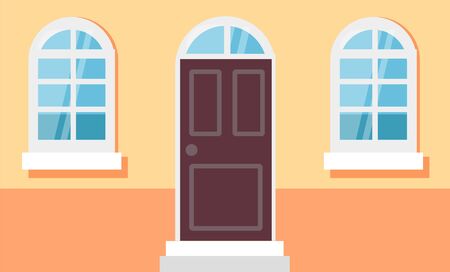 House front facade. Home exterior, Front view building entrance door and glass windows. Modern street constructions, architecture vector illustrationのイラスト素材
