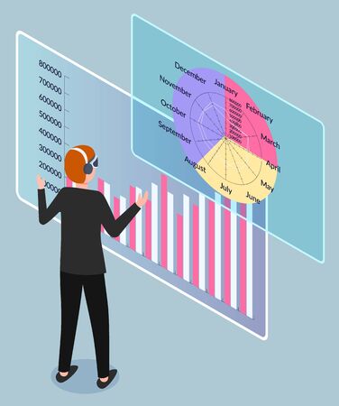 Man stand near infographics and explore it. Businessman or manager look at annual report and talk with someone by headset. Data charts and statistics diagrams on board. Vector illustration in flatのイラスト素材