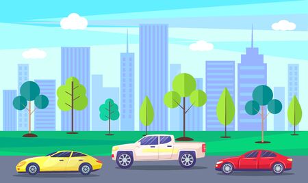 City with skyscrapers and high rises in spring. Streets filled with cars, vehicles on roads. Urban landscape with green trees along highway. Skyline with buildings of city. Vector in flat styleのイラスト素材