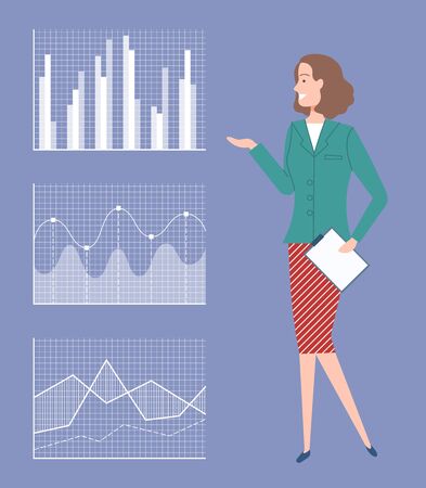 Woman showing information on board vector, monochrome charts and data, lady presenter with info, person with clipboard and papers reports on businessのイラスト素材
