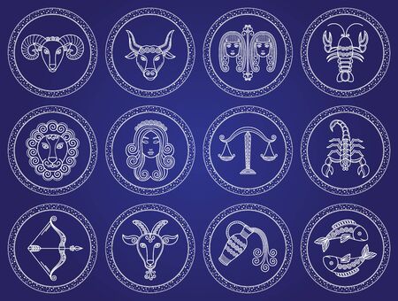 Twelve astrological signs. Icons of aquarius and gemini, virgo and scorpio, cancer and taurus, aries and libra, leo and pisces, capricort and sagittarius. Vector illustration of zodiacs in flat styleのイラスト素材