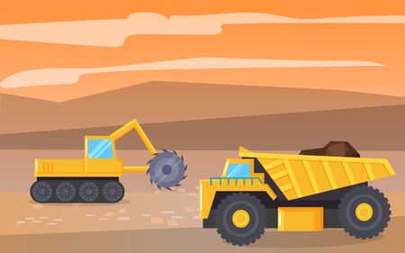 Machines set working on extraction and transportation of coal. Mining industry machinery on field with minerals and natural resources. Landscape and tractor loaded with soil. Vector in flat styleのイラスト素材