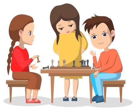 Hobby club children playing games chess with figures. Boys and girls isolated characters, childhood of personage, friendship of youth, back to school concept. Vector illustration in flat cartoon styleのイラスト素材