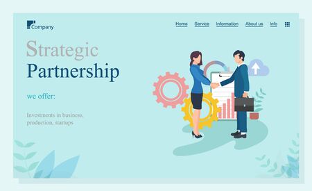 Partnership strategic, offer investments in business, production and startup. Workers shaking hands, company union online, marketing innovation vector. Website or landing page template flat styleのイラスト素材