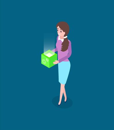 Woman holding box, business innovation and modern technology, success stratup. Element of developer, equipment and worker, project or idea vectorのイラスト素材