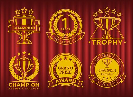 Rewards and seals for champions vector, badges isolated on red curtain background. Achievements for first place, laurel branch and stars leafs and cupsのイラスト素材
