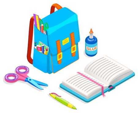 Open notebook, pen and book, full school bag, education symbols on white. Rucksack with office objects, scissors and glue, baggage luggage in blue color. Vector pupil stationery tools, back to schoolのイラスト素材