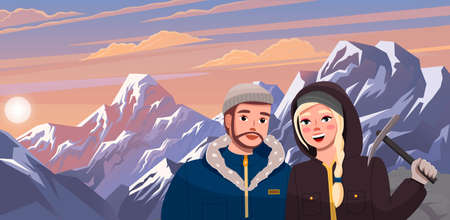 Hiking sport, climbing couple illustration. Man and women hiker in the cold season in warm clothes in the snowy mountains. Woman holding pickaxe. Family expedition and exploration active lifestyleのイラスト素材