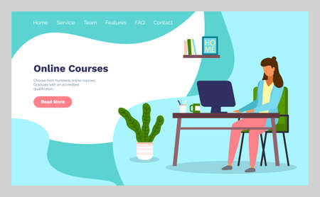 Online courses concept with character. Flat education, training or e-learning concept. Banner with a woman sitting at home at a table with a computer using internet. Lady busy with distance learningのイラスト素材
