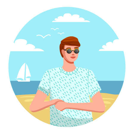 Isolated in circle avatar of young guy wearing t-shirt and sunglasses at beach sea yacht background....