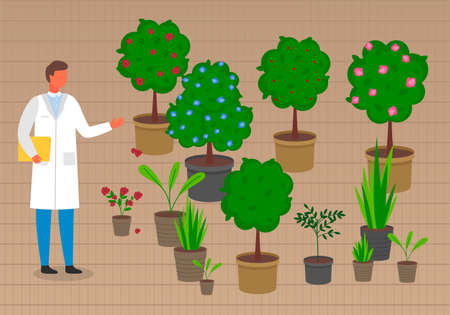 Grower or laboratory assistant near pots with trees, sprouts, flowers, growing plants in pots with soil. Growing fruit trees for crop. Collection of trees with flowers, houseplants, homeplants, roseのイラスト素材