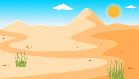 Illustration of a desert with a clear blue sky, small rare green plants. Desert mountains sandstone background. Dry desert under the sun, endless sand desert. Hot weather and yellow sand dunesのイラスト素材