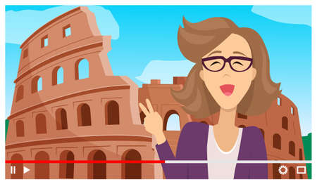 Concept of videoplayer interface. Young woman travel to Rome. Cheerful smiling girl at Coliseum background show peace sign. Blogger or content creator make video for internet, social networksのイラスト素材
