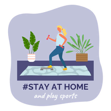 Stay at home and play sports. Quarantine self-isolation during spreading covid-19. Woman making sport fitness exercises with dumbbells, stand. Home gym. Healthy energy lifestyle, lose weightのイラスト素材