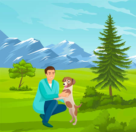 Guy walking with his dog at nature. Happy smiling man playing with dog at green hills, mountains background. Young male spend leisure time with his pet outdoors. Happy friends guy and dog. Summertimeのイラスト素材