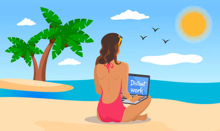 Young girl wearing red swimsuit, with sunglasses at head sitting at beach near sea, island with palms. Woman relaxing and using laptop. Distant work, work remotely, freelance, online work in internetのイラスト素材