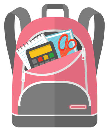Colored school backpack. Education and study back to school, schoolbag luggage, rucksack vector illustration. Kids school bag with education equipment. Backpacks with study supplies. Student satchelsのイラスト素材