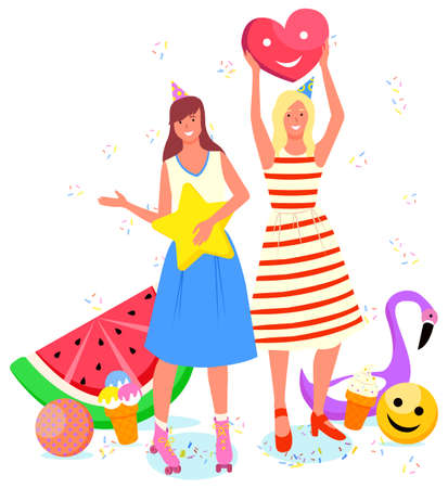 Photozone for people vector, isolated woman friends celebrating birthday and taking photo. Flat style characters smiling and posing. Heart and watermelon balloon. Flamingo and emoticon ice cream decorのイラスト素材