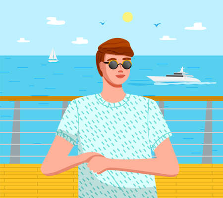Positive young man in sunglasses standing on the deck of a sea ship, yachts sailing behind him...
