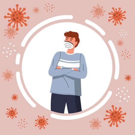 Man in protective medical face mask. Caring for health at flu epidemic time. Concept of coronavirus quarantine. Young man wearing white mask at background of flying virus particles in circle frameのイラスト素材