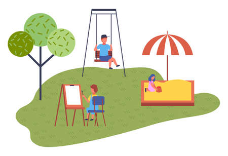 Modern kindergarten. Girl plays in the sandbox under canopy. The boy swinging on swing. A child...