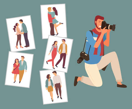 Romantic photoshoot, man photographer focusing camera. Male photographing couple, valentine photos set, lovers paparazzi, romantic shooting vectorのイラスト素材