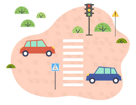 Street traffic. Cars, traffic lights, pedestrian crossing, road signs, zebra crossing, safe driving. Poster for school children. Illustrations showing the safety rules. Driving and plan travelのイラスト素材